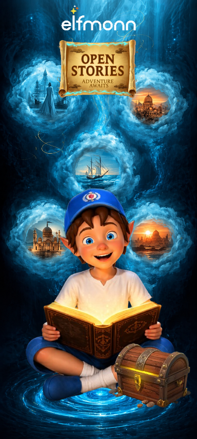 The Elfmonn app home screen with the Open Stories portal