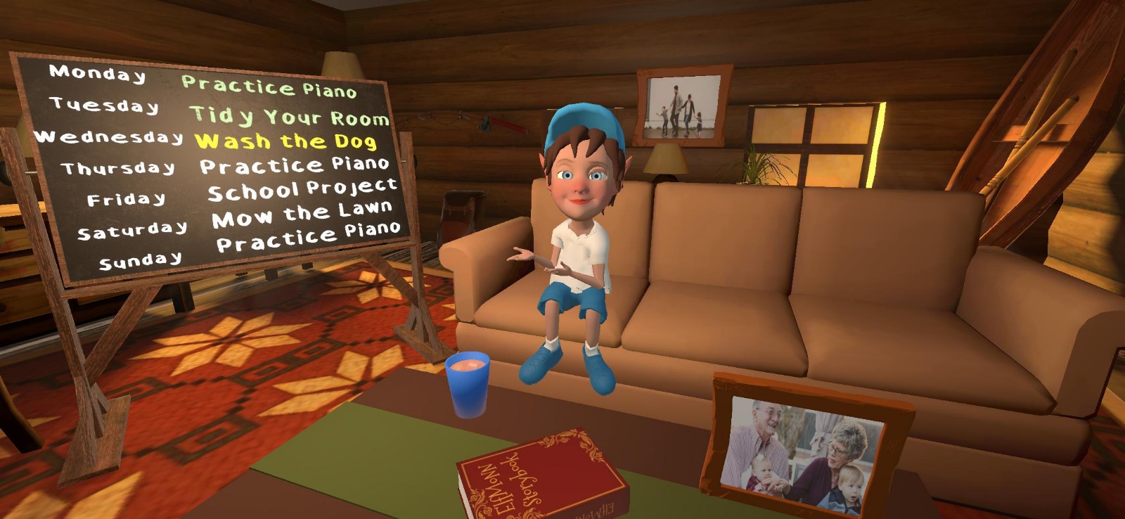 Chuck the Elf in the virtual living room beside the weekly Task & Reward chalkboard