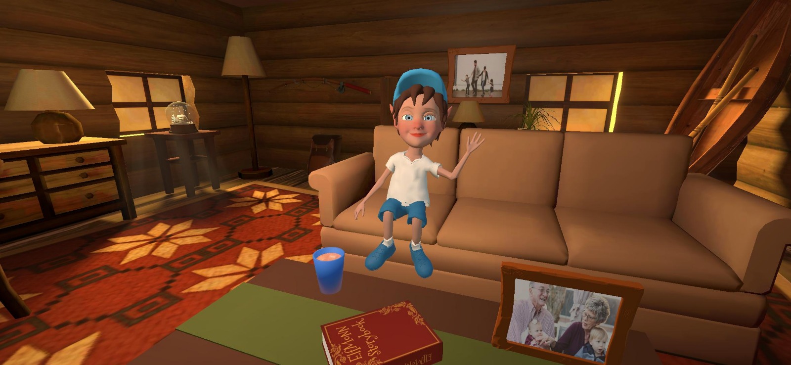 Chuck the Elf reading a parent's message aloud in his cottage