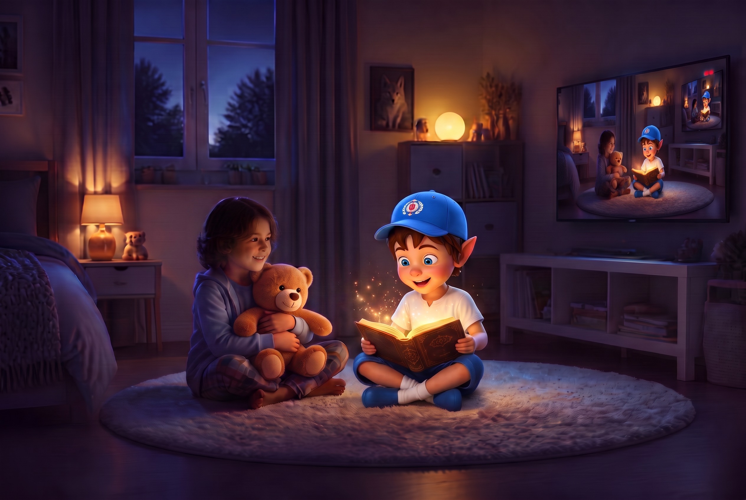 A child hugging a teddy bear sits beside Chuck the Elf as he reads on the rug, while the television mirrors their shared scene